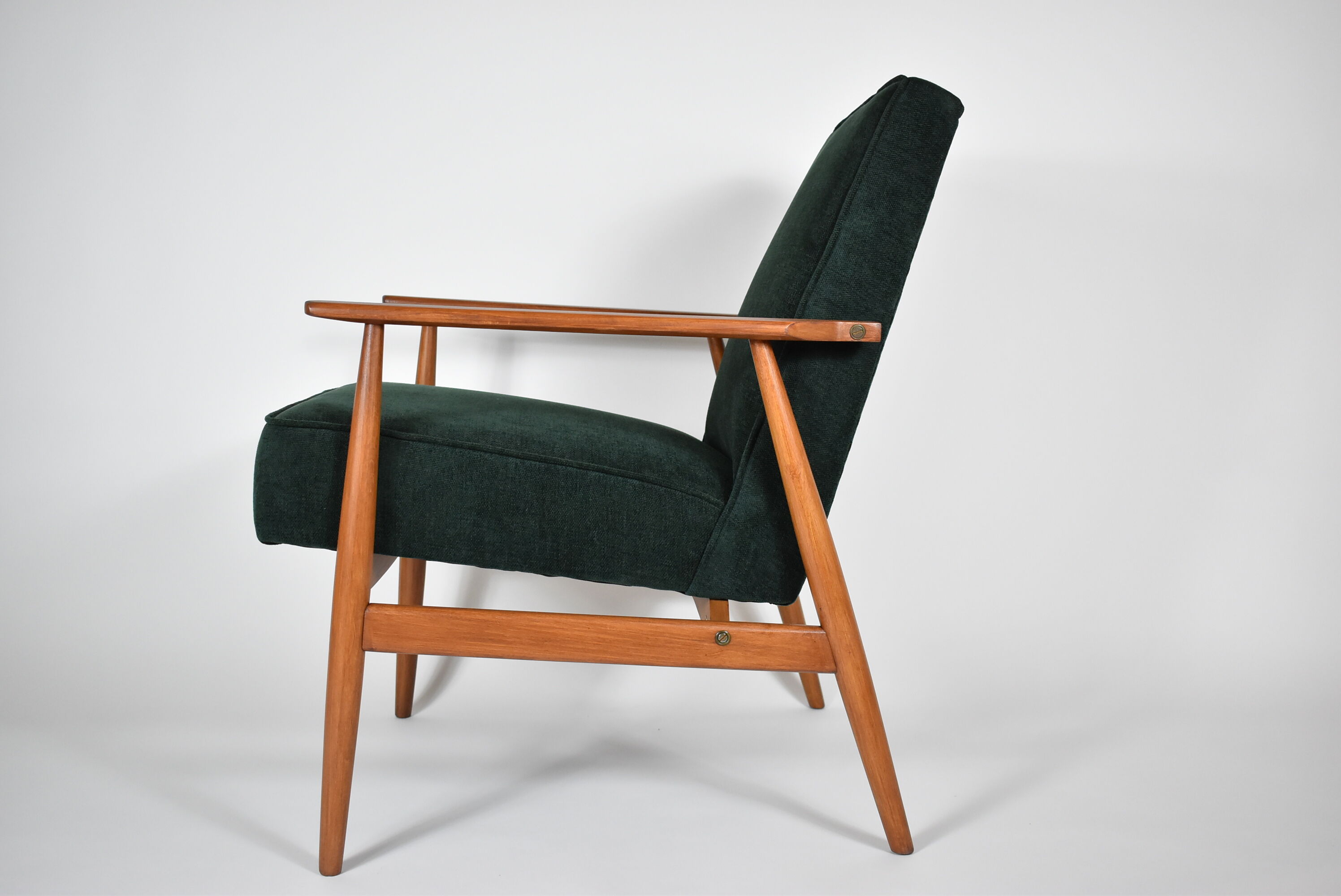 Vintage original polish armchair "Fox" designed by H. Lis 1970s, forest green fabric, restored