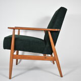 Fauteuil poli d’origine vintage « Fox » conçu par H. Lis années 1970, tissu vert forêt, restauré