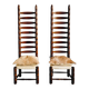 Paire de chaises espagnoles à dossier haut, datant du milieu des années 1900, avec des sièges en peau de chèvre et en lin.