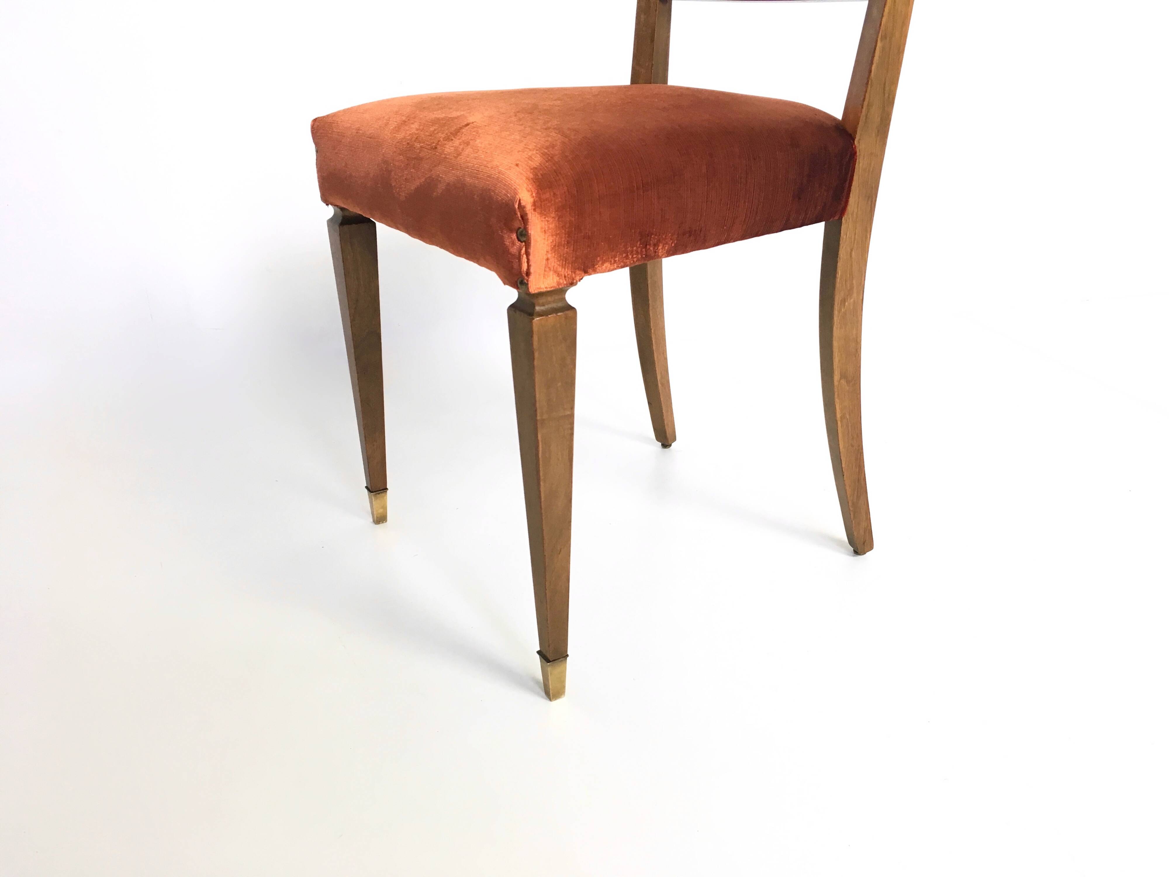Set of Ten Orange Fabric Upholstery and Walnut Dining Chairs, Italy