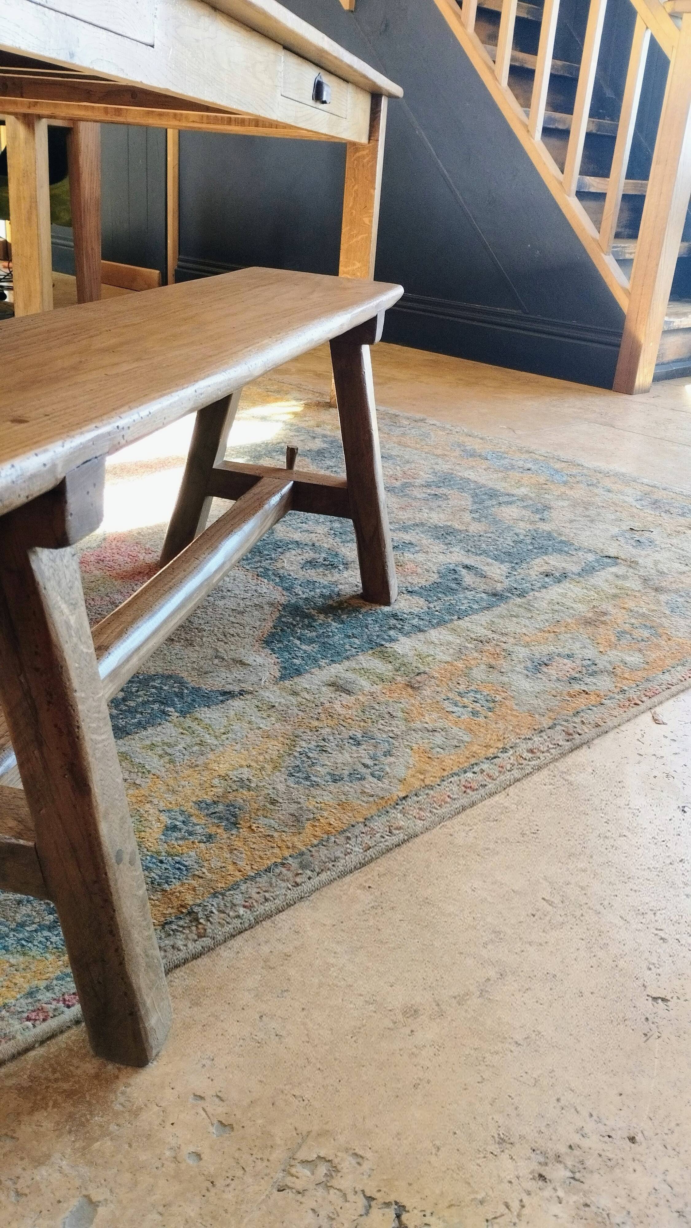 "A frame" bench in solid oak, patinated.
