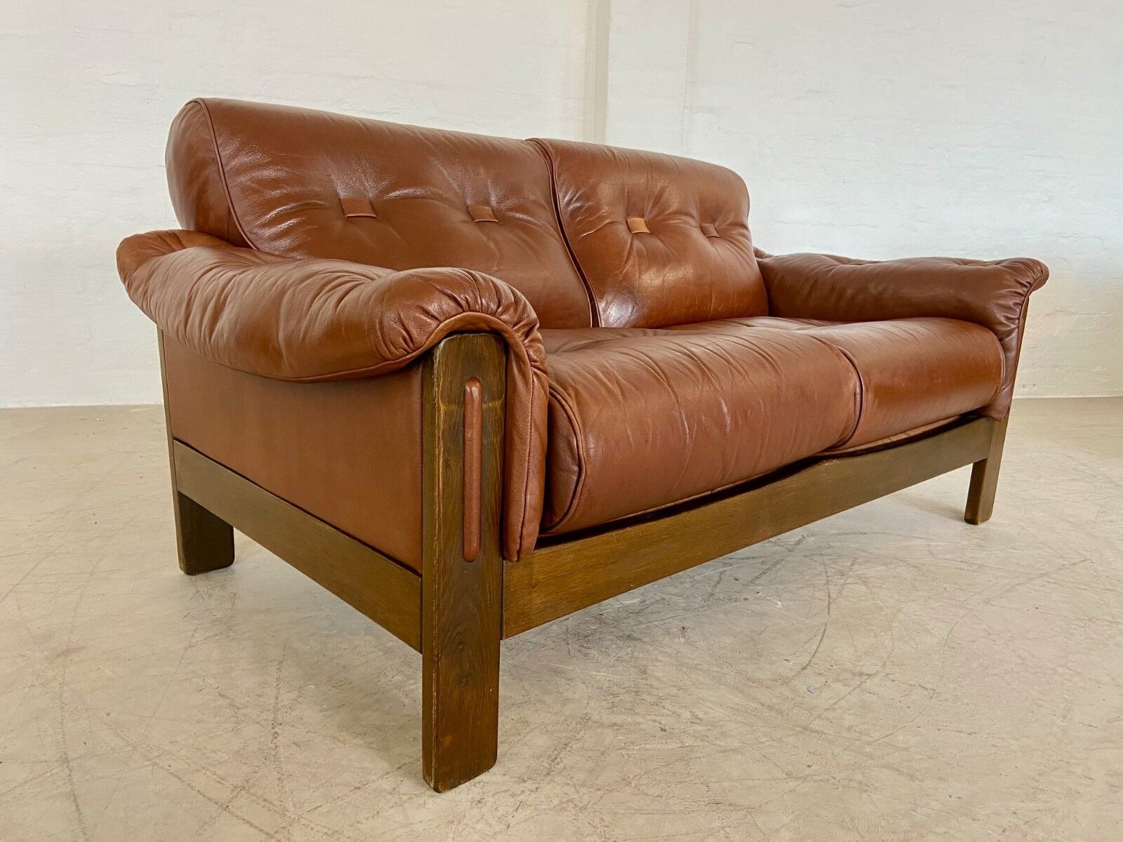 Vintage Danish mid-century cognac brown leather 2-seater Stouby 1970s