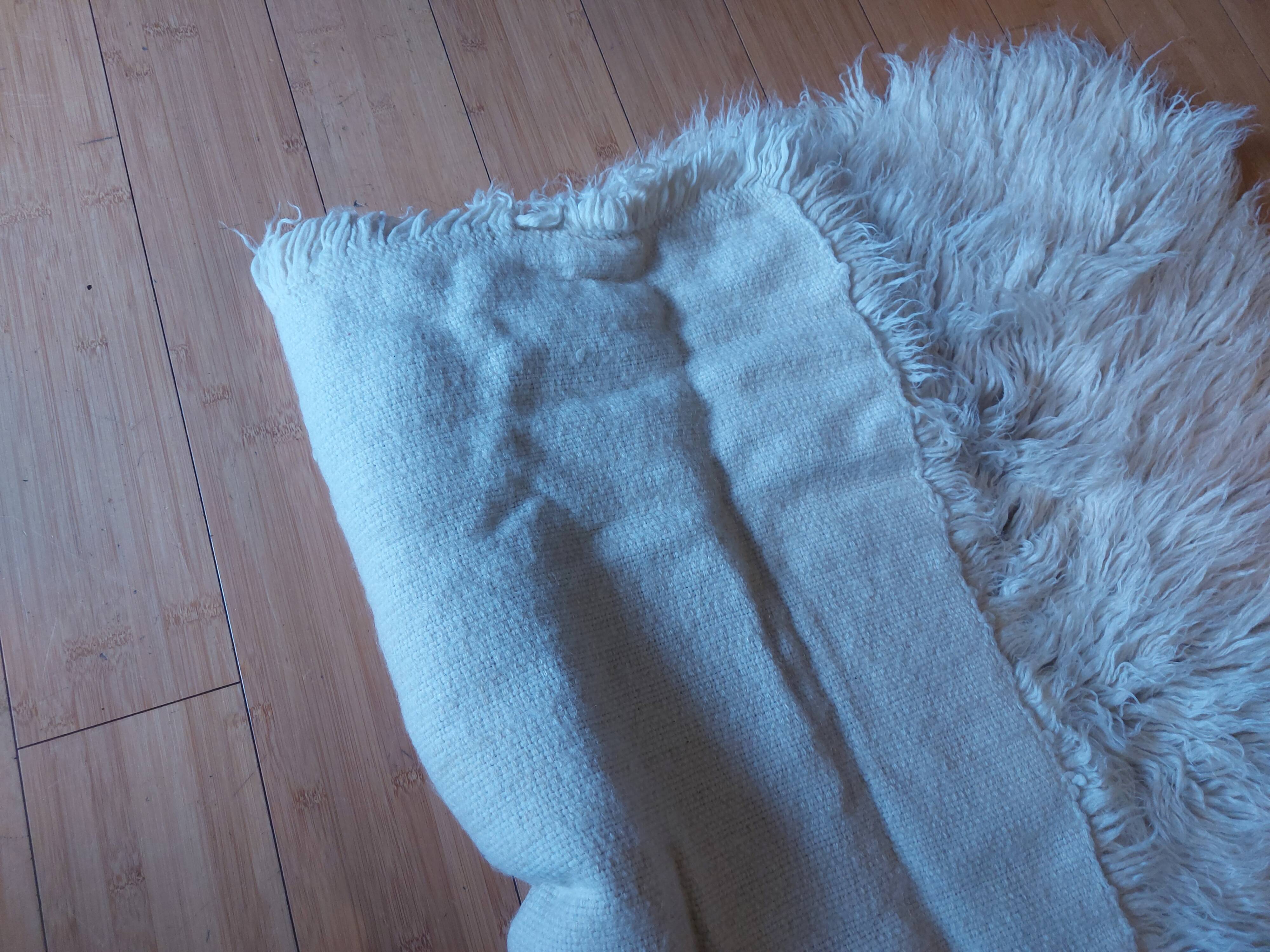 White pure wool long pile rug, vintage