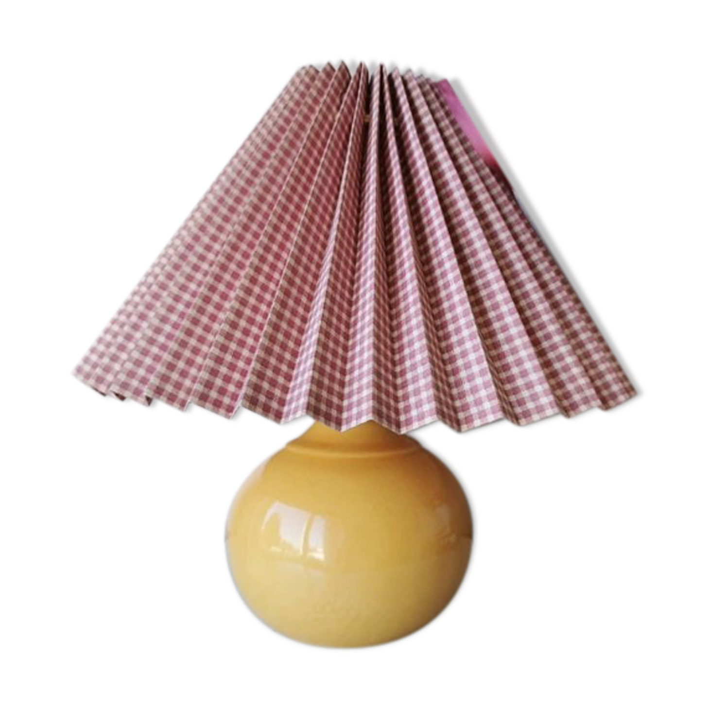 Vintage ceramic table lamp with pleated hood in 80s fabric