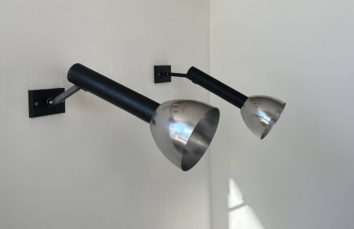 Pair of vintage wall lights, chrome and matte black metal, France 1960
