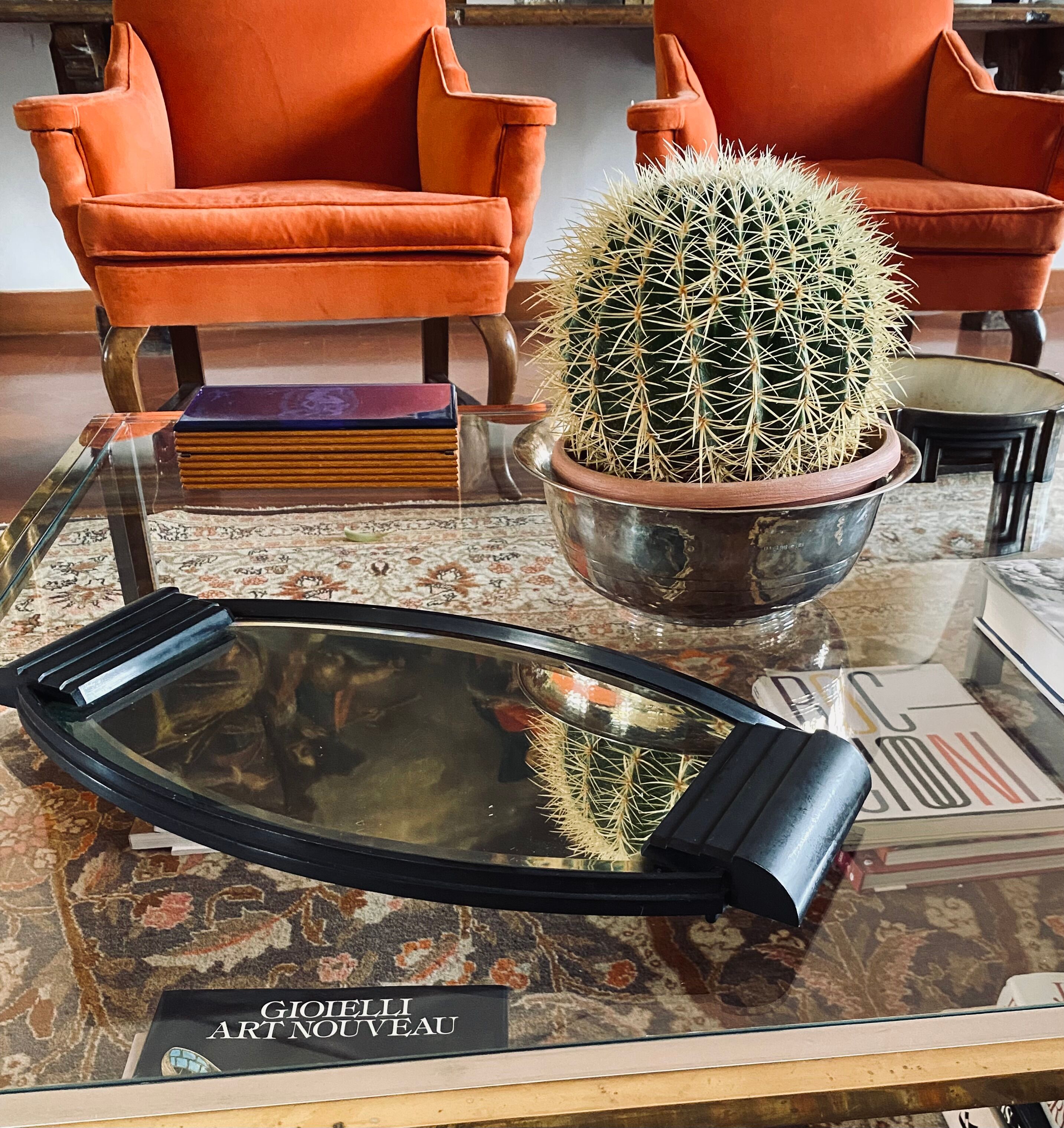 Art deco cubist bakelite mirrored tray, France 1930s