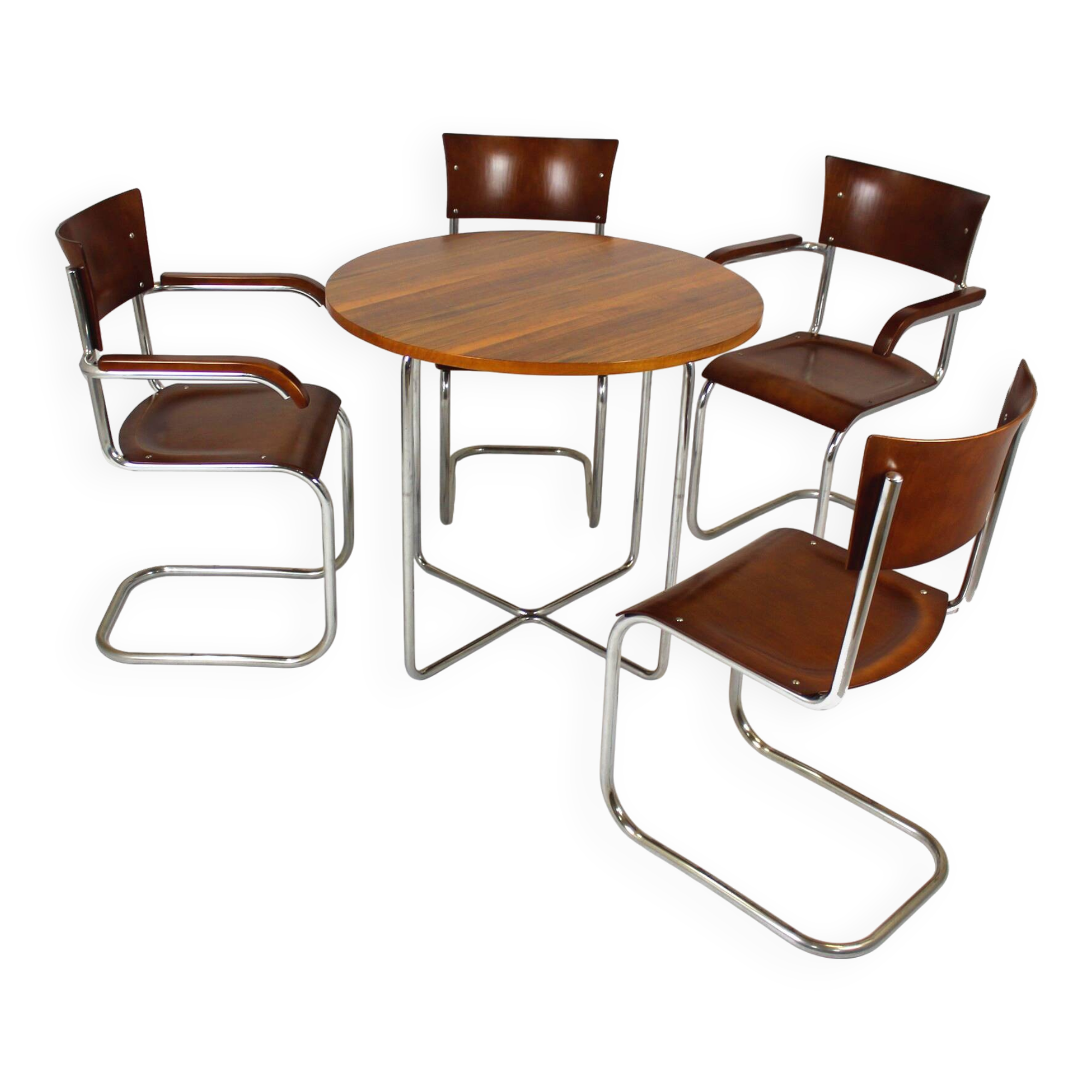 Restored Bauhaus Tubular Steel Round Table And 4 Chairs By M. Stam, 1930s