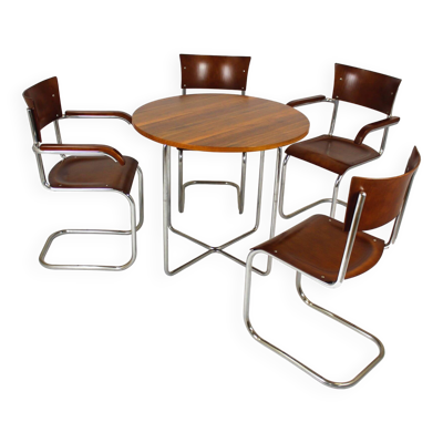 Table ronde et quatre chaises Bauhaus en acier tubulaire restaurées par M. Stam, années 1930