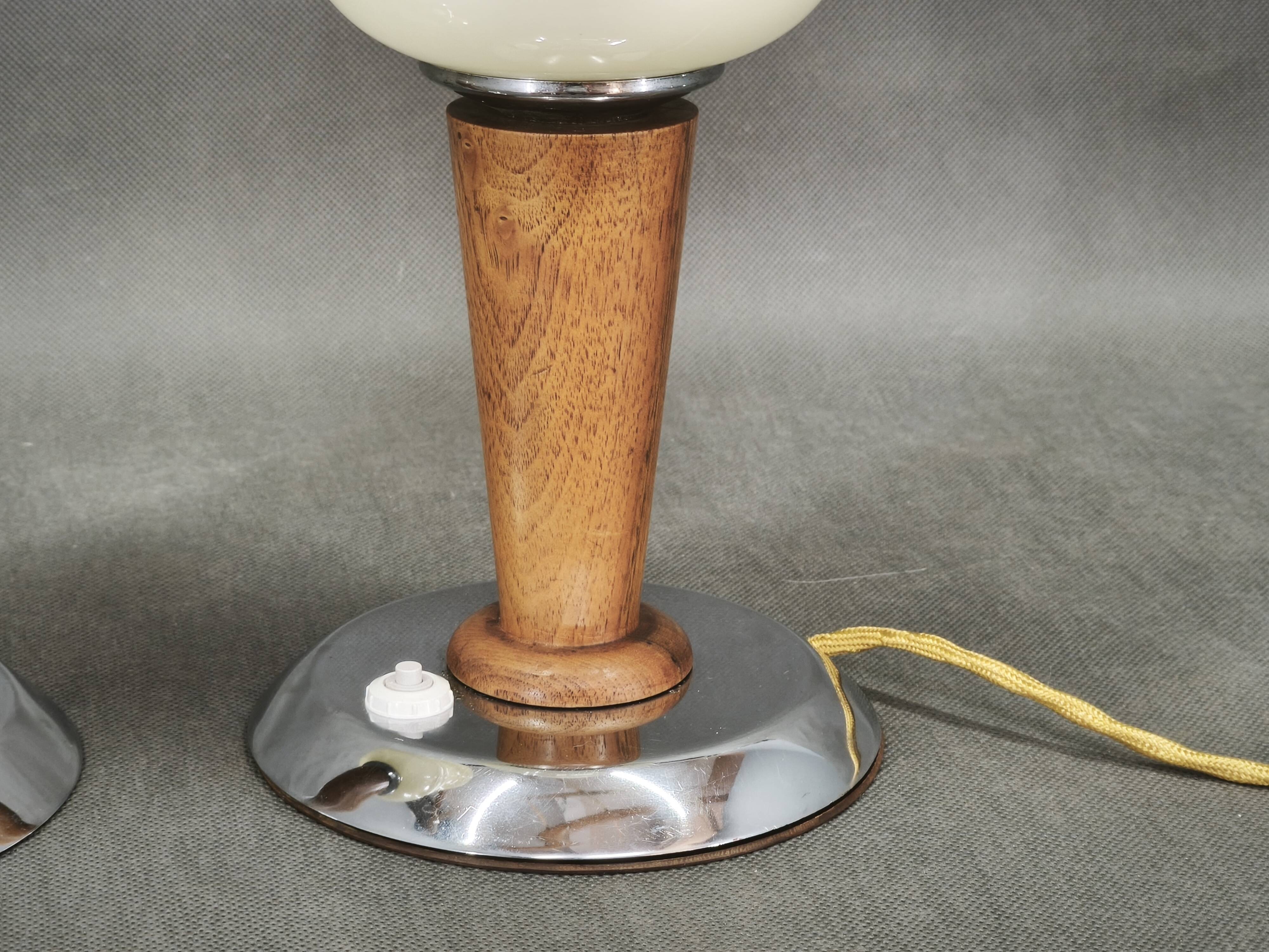 Pair of Italian Opaline Glass, Wood and Chrome Table Lamps, 1950s
