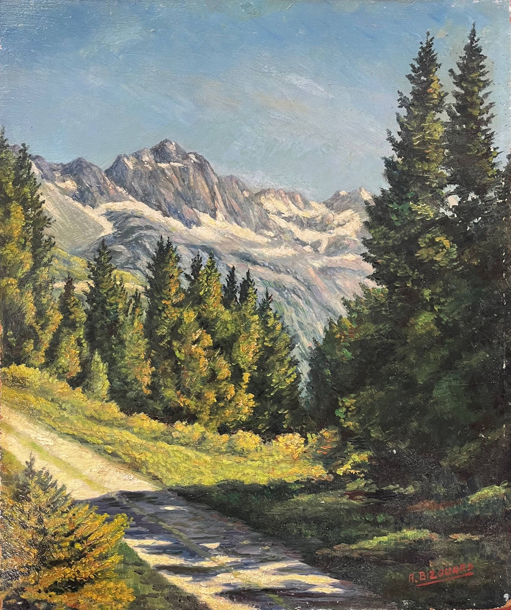 Oil painting on panel "Alpine Landscape with Snow" Mountain signed Bizouard circa 1950