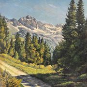 Oil painting on panel "Alpine Landscape with Snow" Mountain signed Bizouard circa 1950