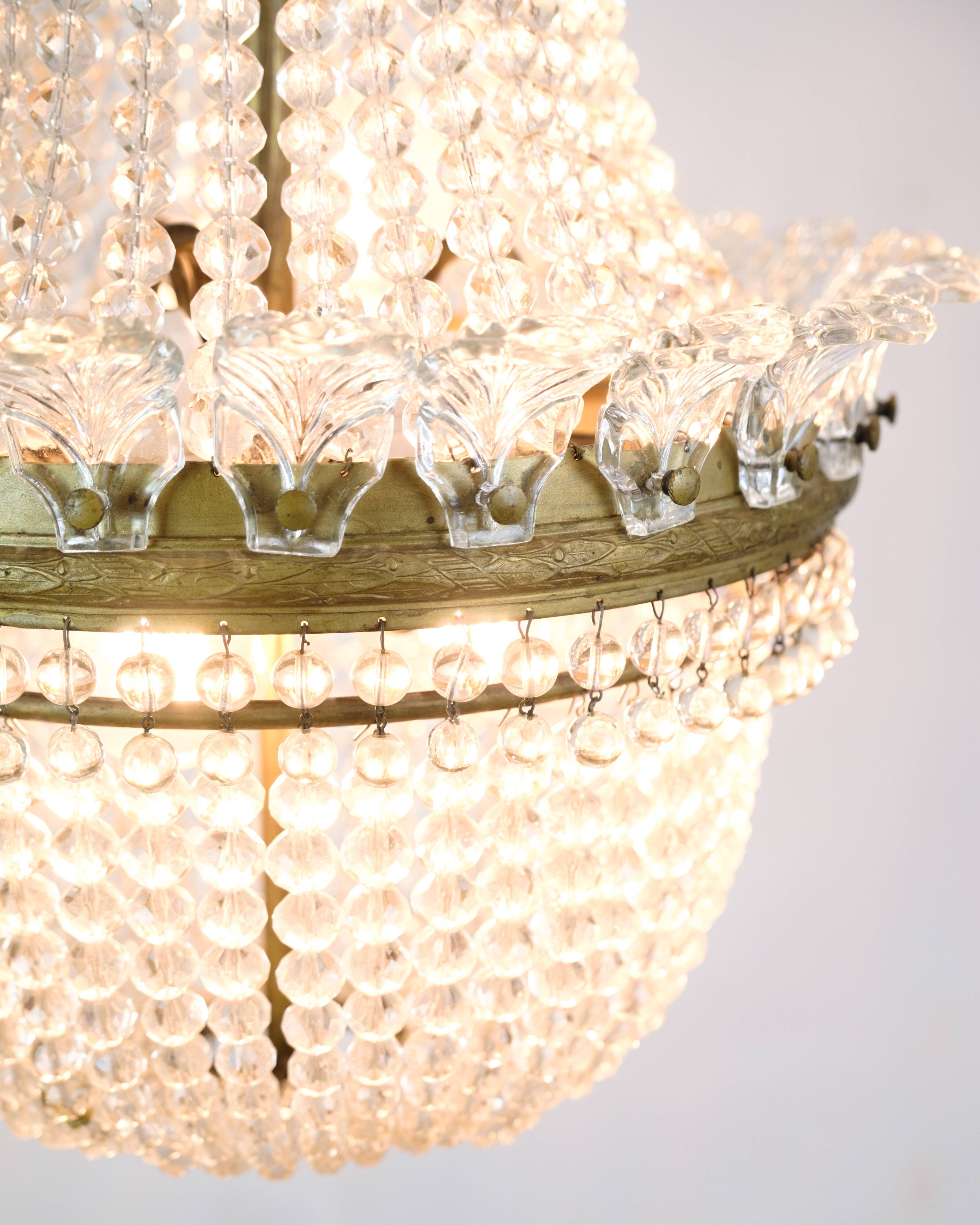 Antique Prism Chandelier Decorated In Brass, Bronze & Crystals From 1890s