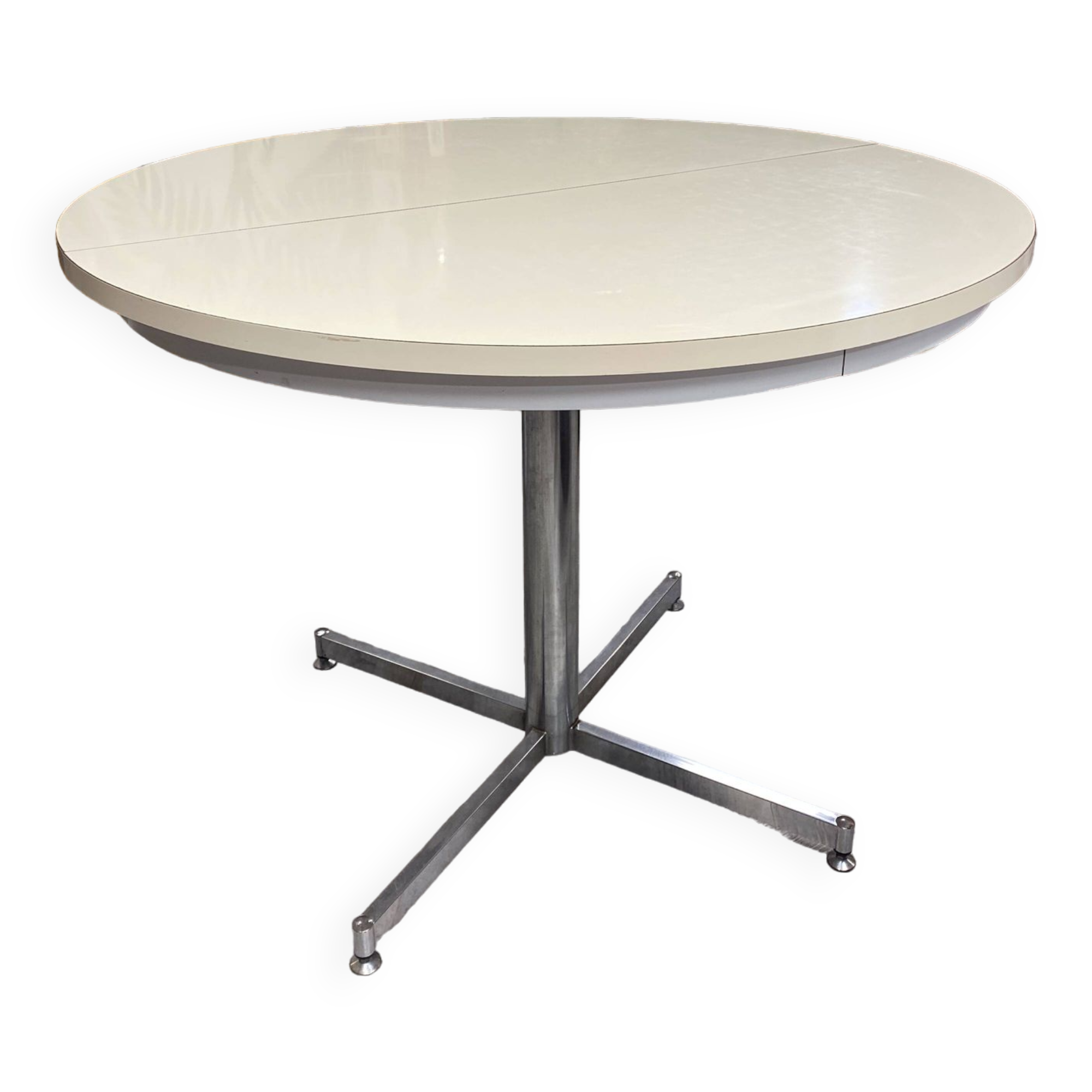 Table ronde rallonge papillon formica crème et chrome, années 60/70