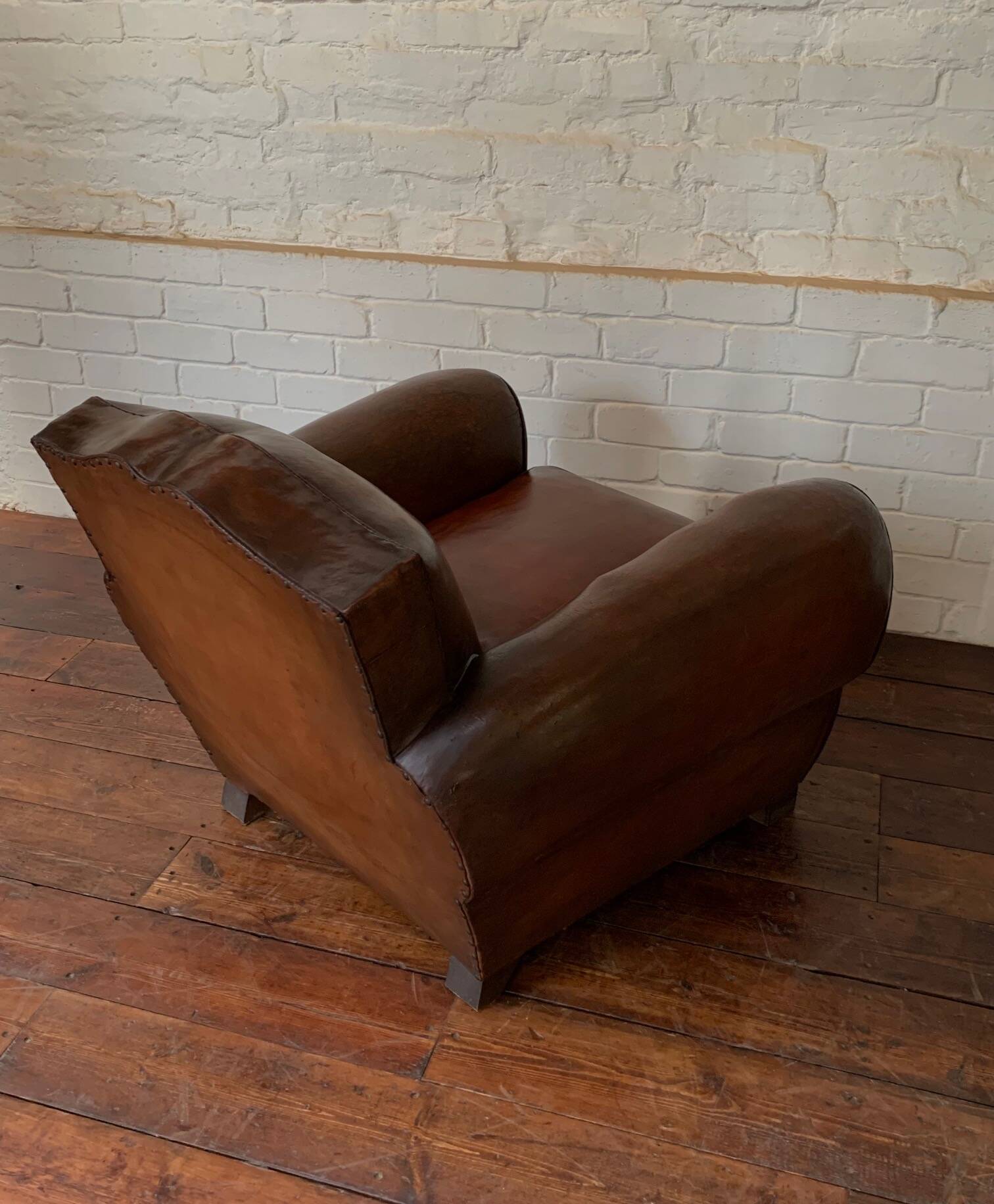 French Leather Club Chair, Havana Mustache Model, with Cuban Cigar Arms, Circa 1930's