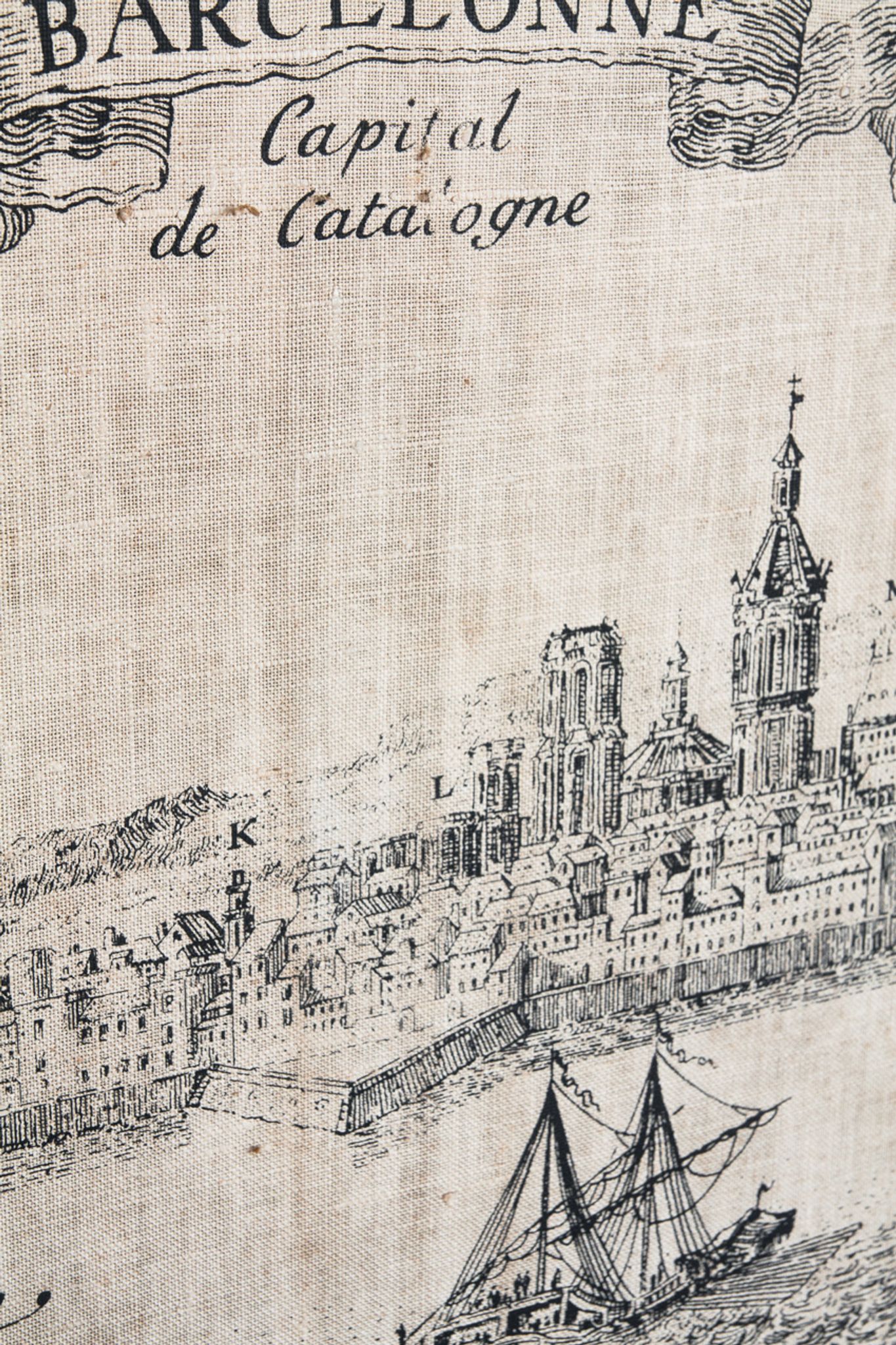 Serigraphy on canvas of Barcelona vintage reproduction of an engraving of the eighteenth century