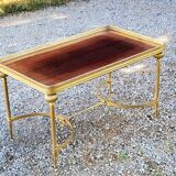 70s Neoclassical Style Coffee Table in Gilded Brass with Mahogany Veneer Top