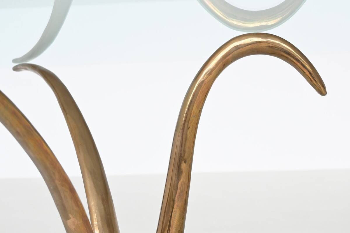 Unique sculptural dining table in bronze and glass, Belgium 1970.