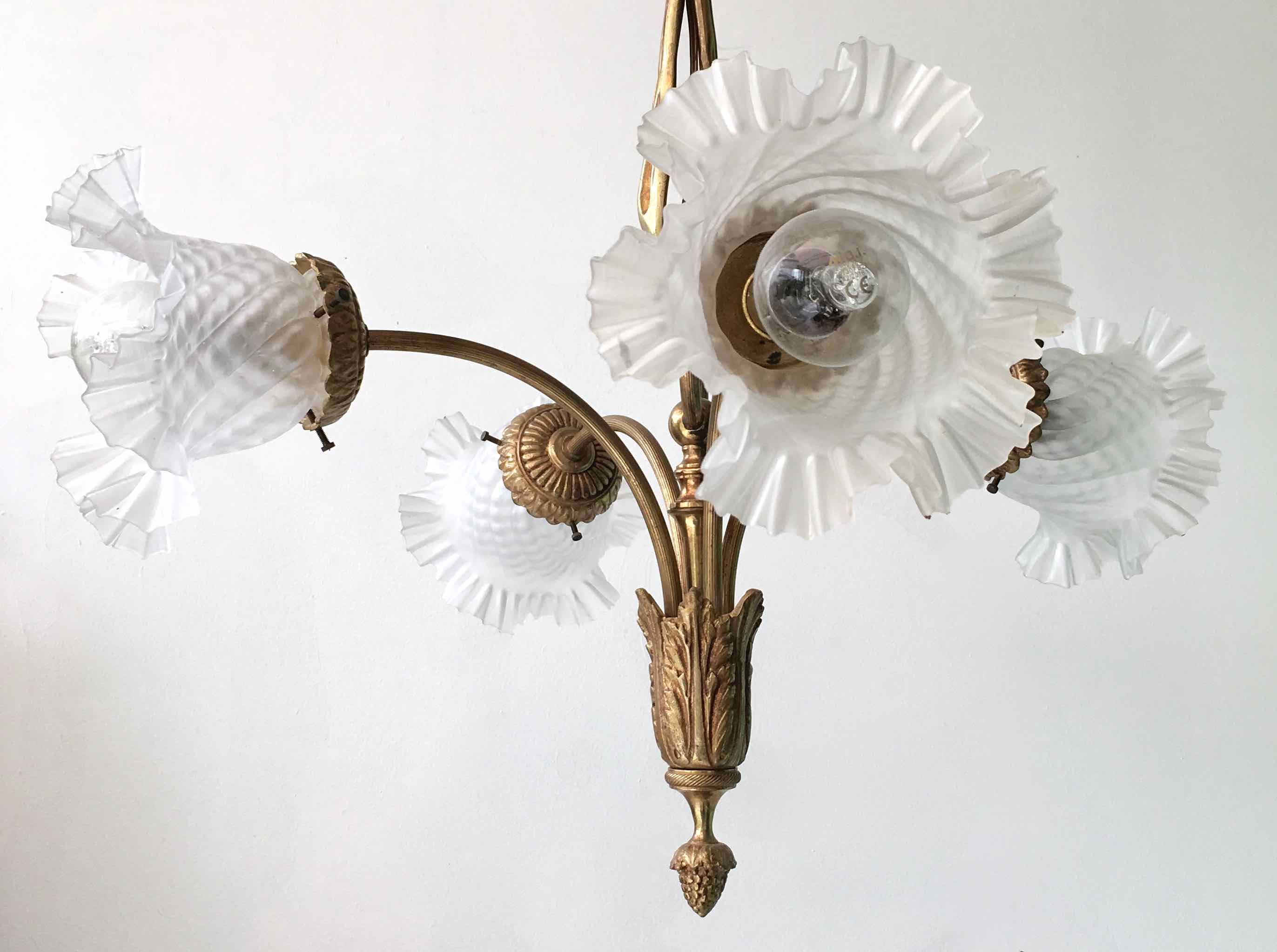 Art nouveau chandelier bronze and pressed glass