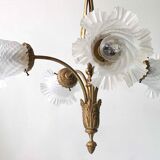 Art nouveau chandelier bronze and pressed glass