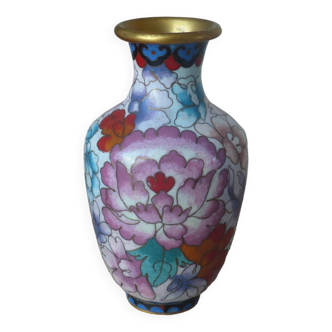 Petit vase en laiton cloisonné motif fleurs et pivoines couleurs pastel vintage
