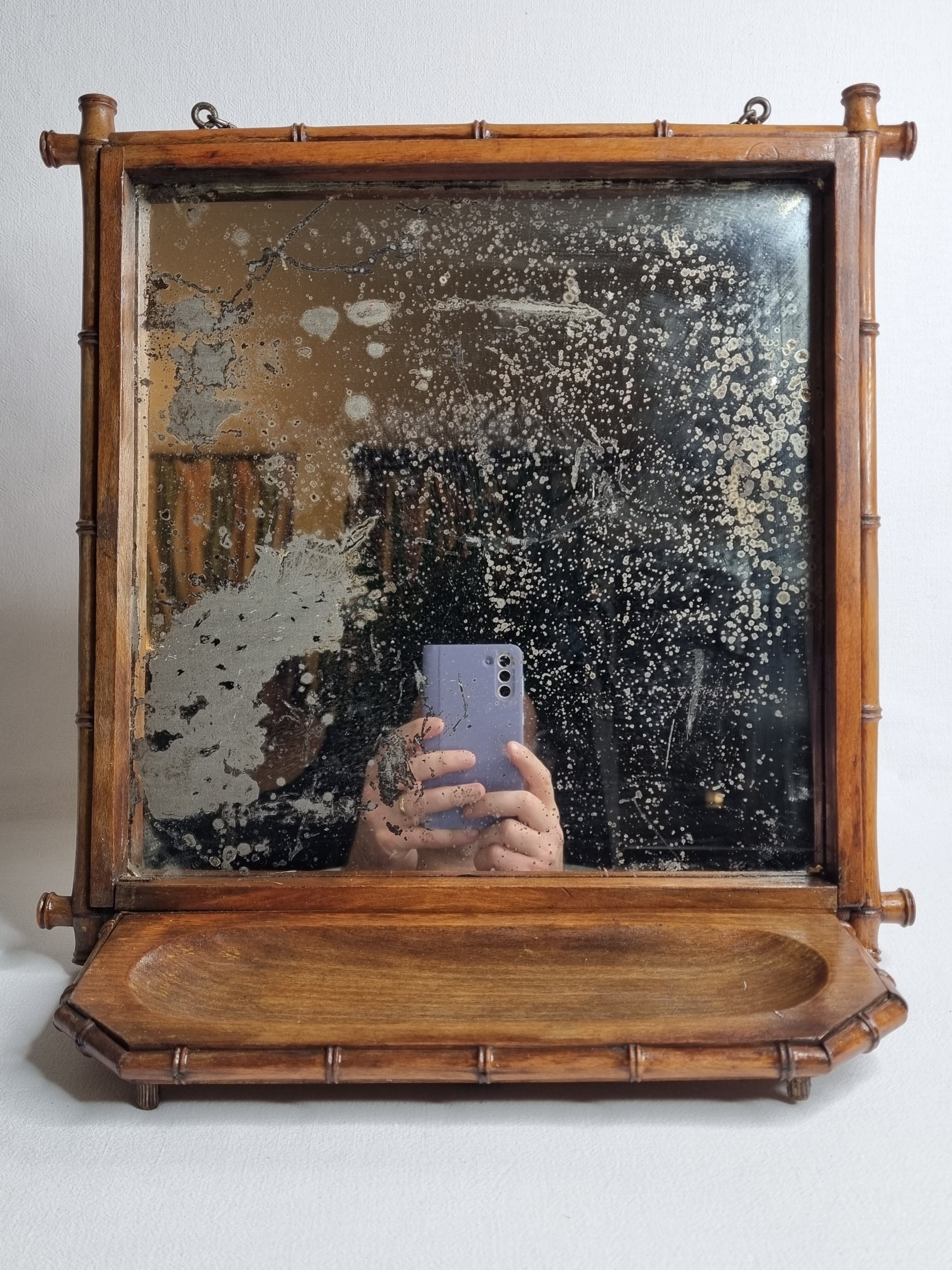 Miroir de barbier d'époque Napoléon III en bois imitant le bambou, à poser ou à suspendre