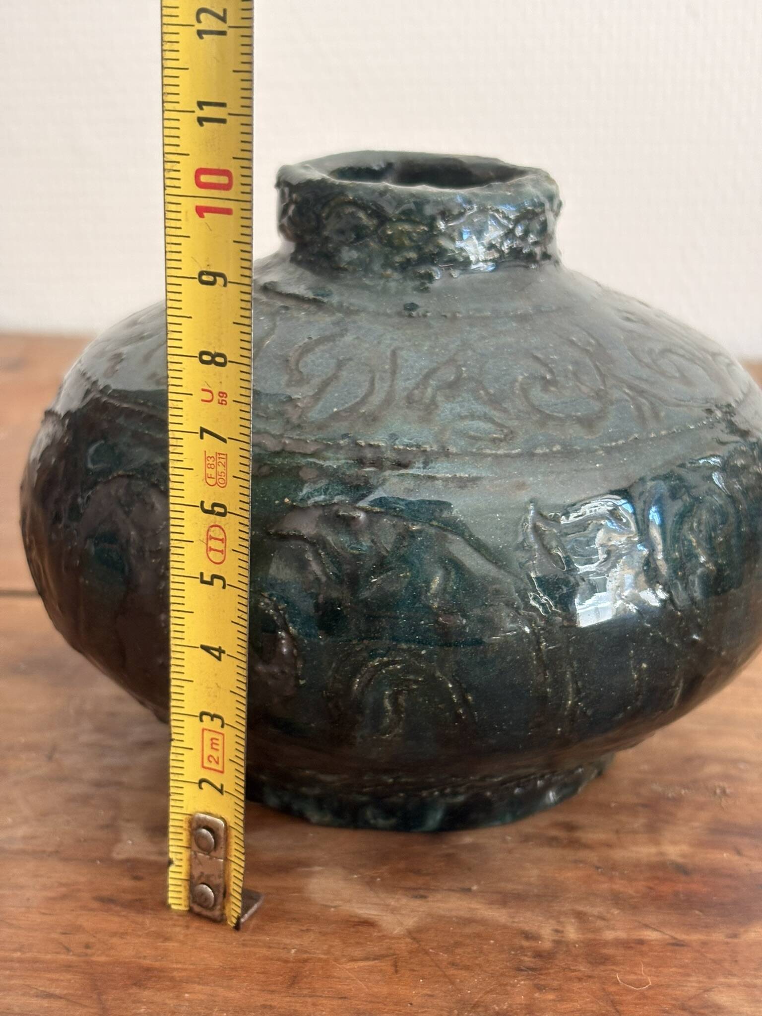 Glazed Engraved Bowl Vase with Geometric Flowers, Popular Art from the 50s