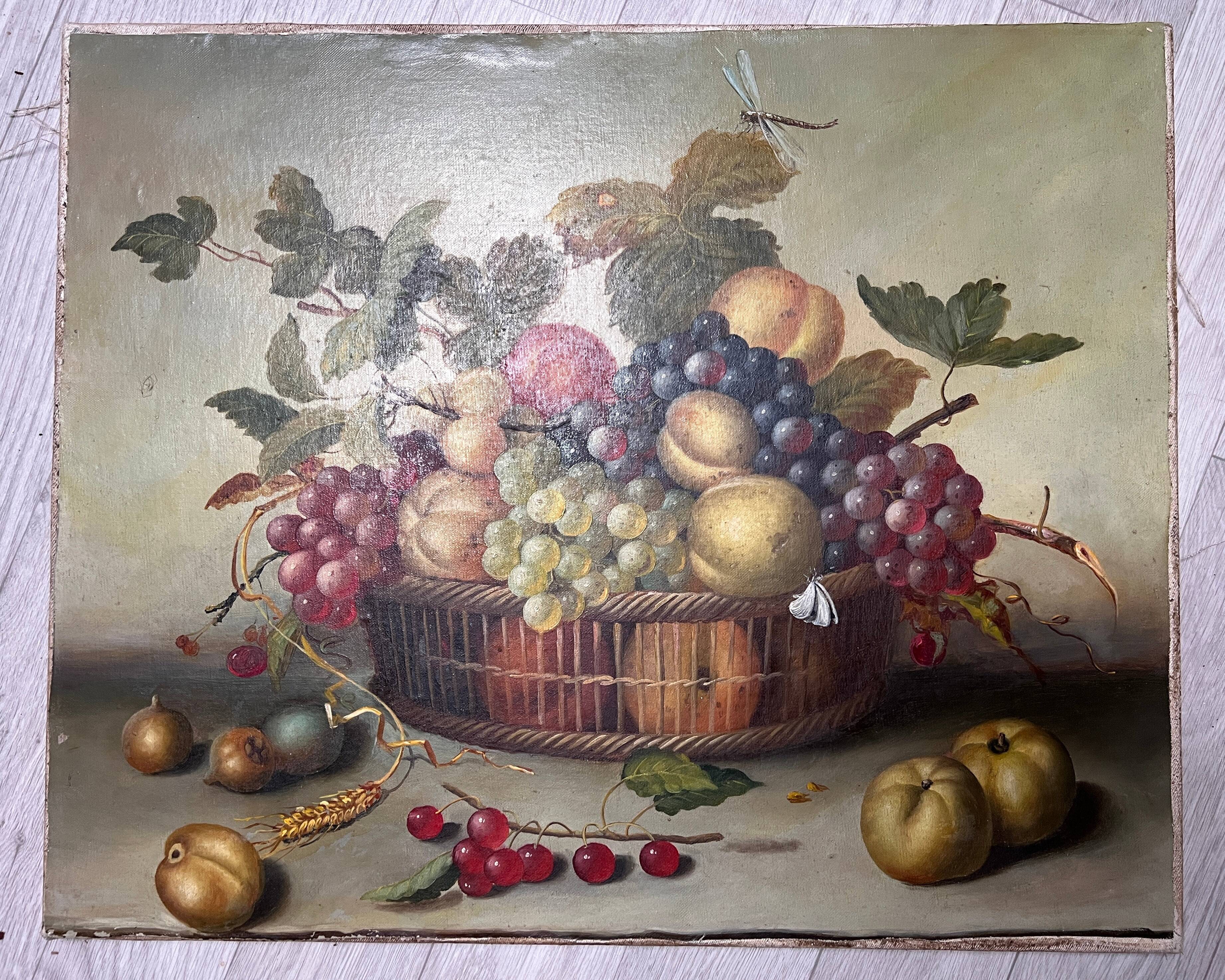 Still life painting of grapes and apples.