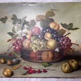 Still life painting of grapes and apples.