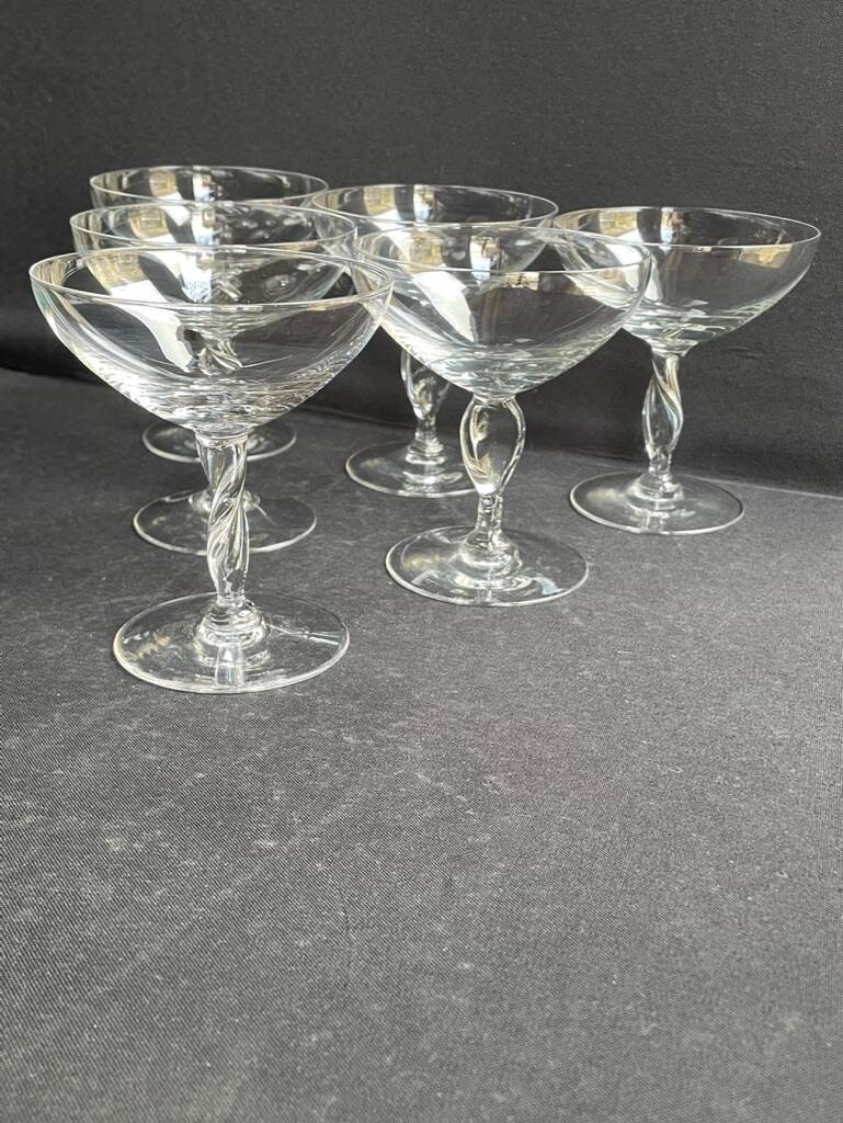 6 light crystal champagne glasses with twisted leg, early 20th century