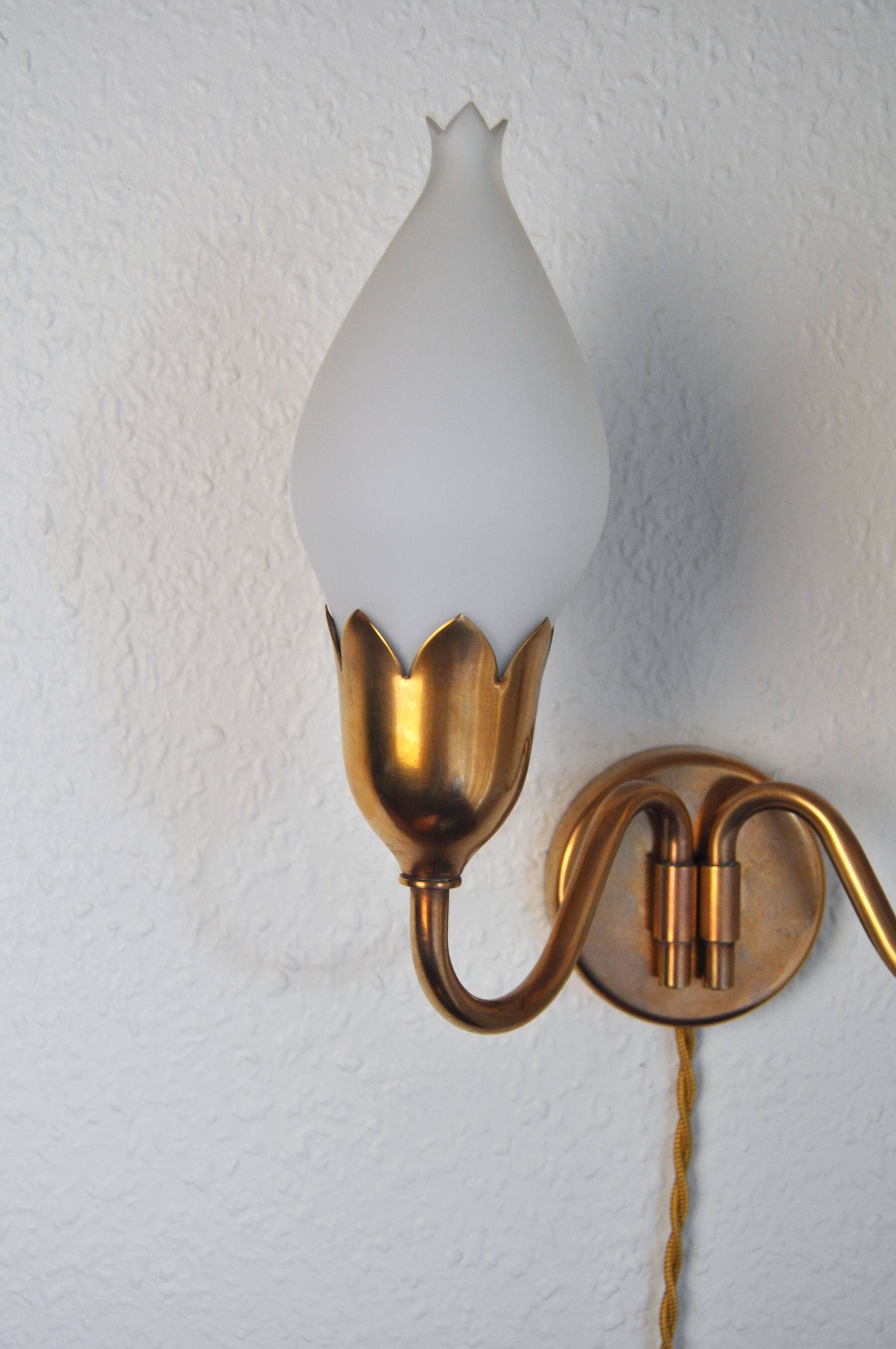 Fog & Mørup 2-Arm Brass and Opaline Glass Tulip Wall Lamp