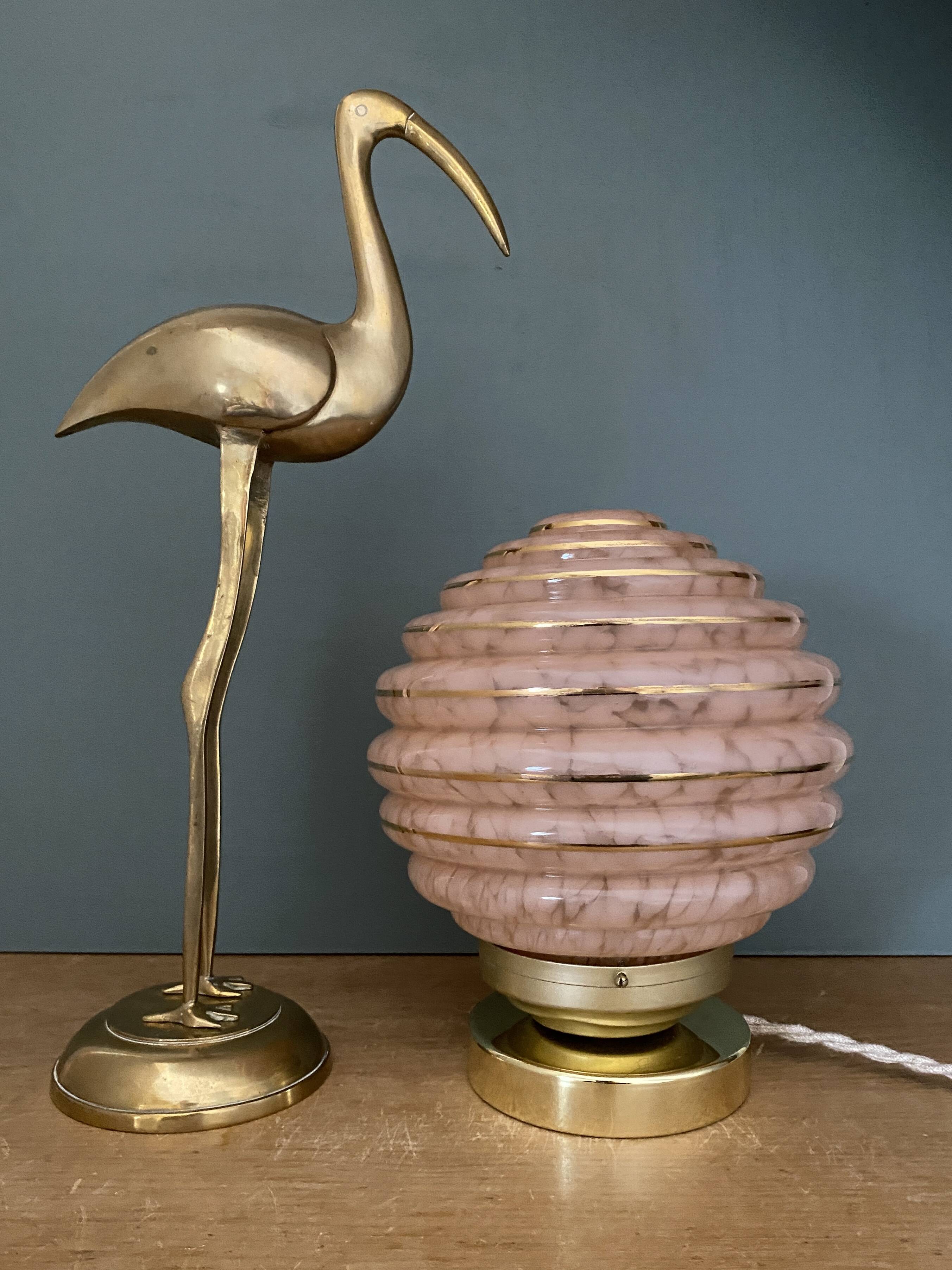 Vintage art deco globe table lamp in pink and gold Clichy glass