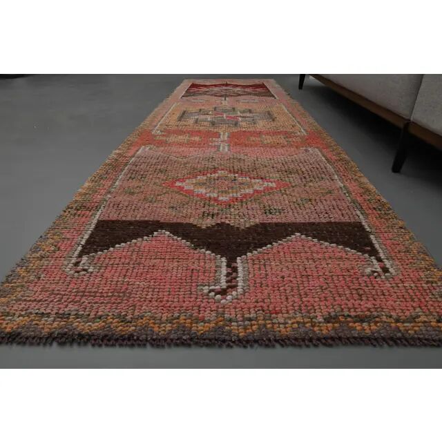 1970s Vintage Turkish Oushak Handmade Wool Cotton Pink Runner Rug 94x311