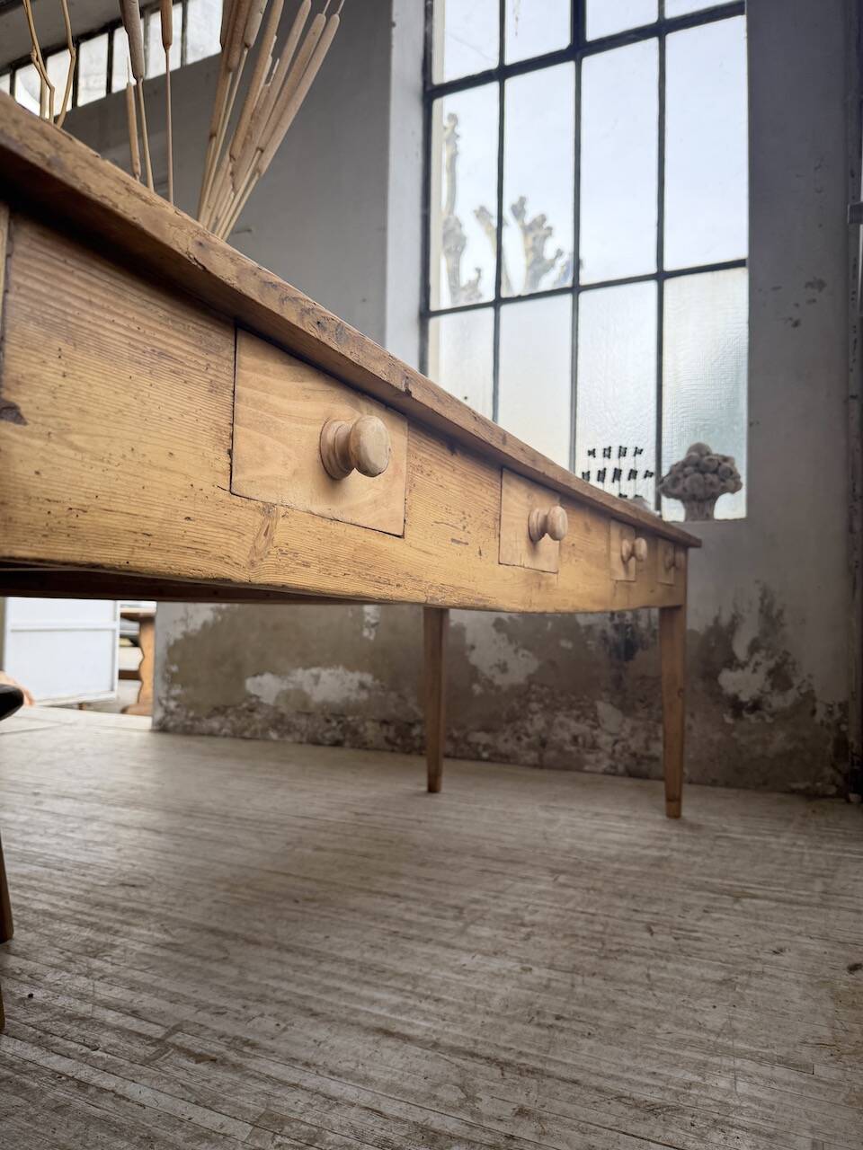 Pine and oak farmhouse table with multiple drawers, communal type, 240cm.