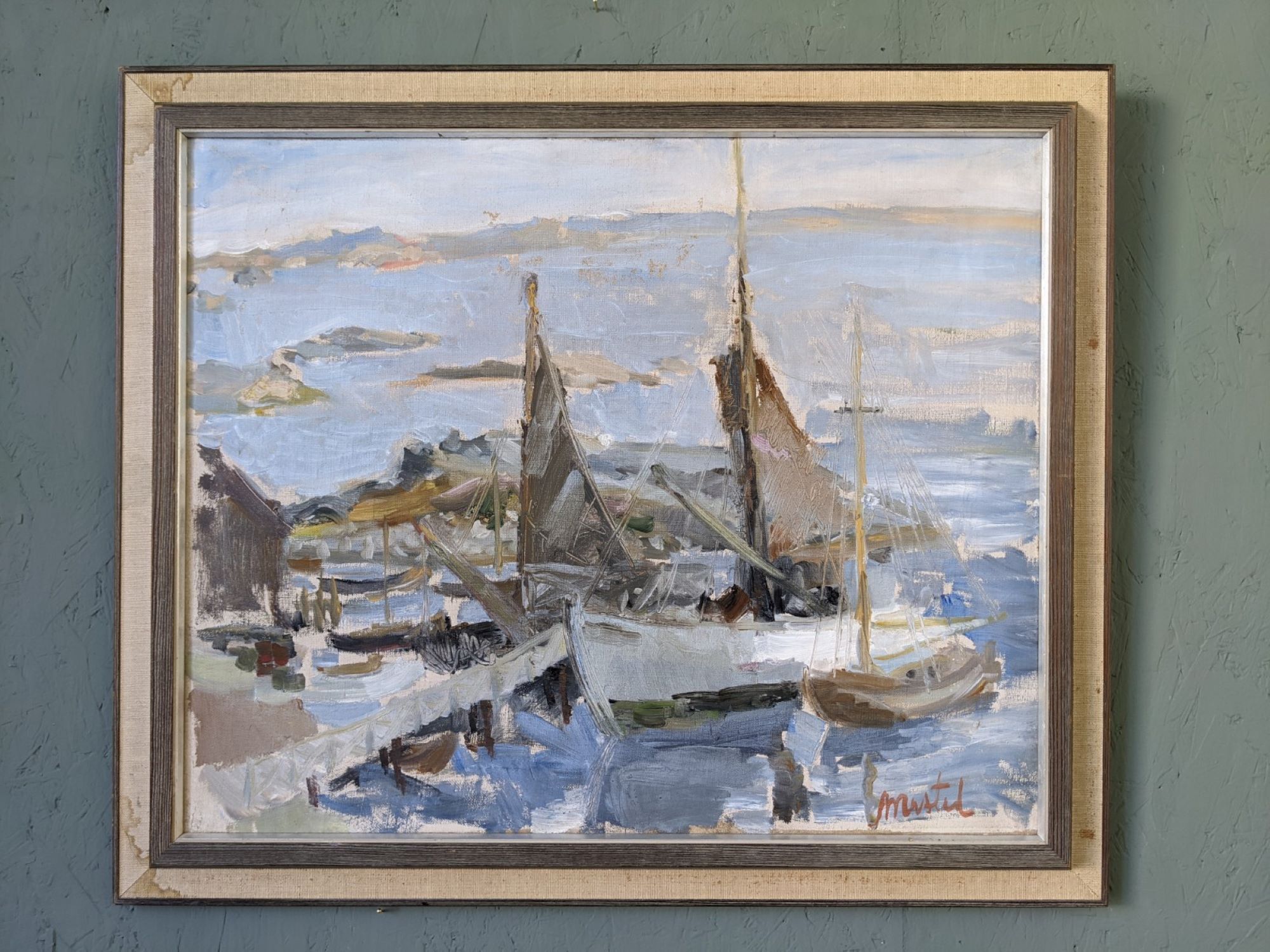 Mid-century modern swedish "archipelago boats" vintage seascape, framed oil painting