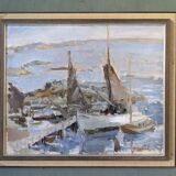 Mid-century modern swedish "archipelago boats" vintage seascape, framed oil painting