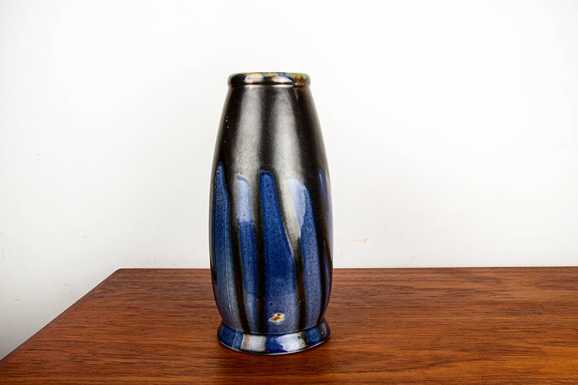 Large Art Deco vase, blue glazed ceramic, Léon Pointu, Puisaye stoneware