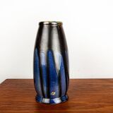 Large Art Deco vase, blue glazed ceramic, Léon Pointu, Puisaye stoneware