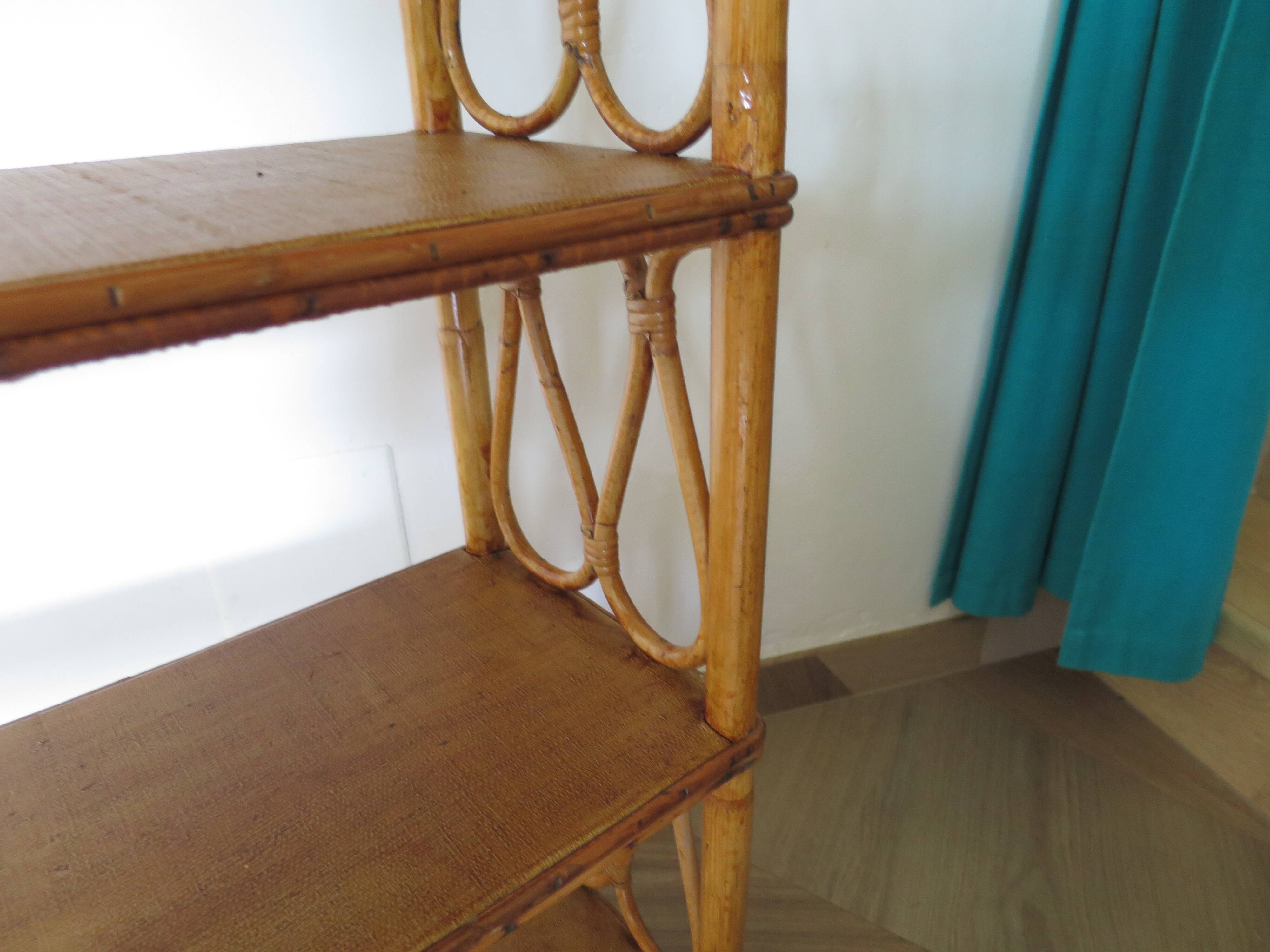 Wooden and rattan bookcase, 1970s-1980s