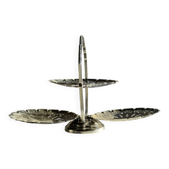 Petit présentoir plateau en métal argenté sur pied ouvrant vintage