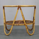 1960s Italian rattan coffee table with glass top, mid-century round design