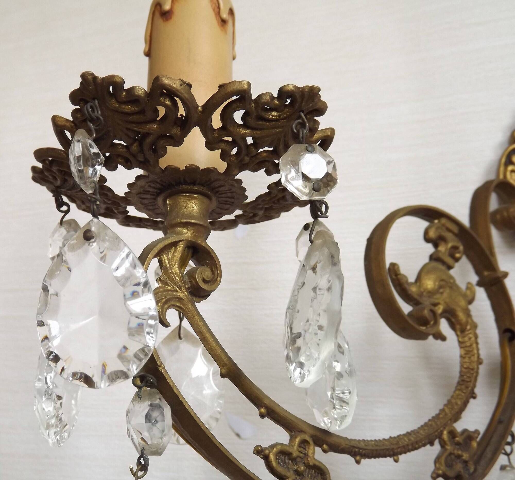 French Vintage Double Bronze & Crystal Wall Light - Stylized Dolphin Detail