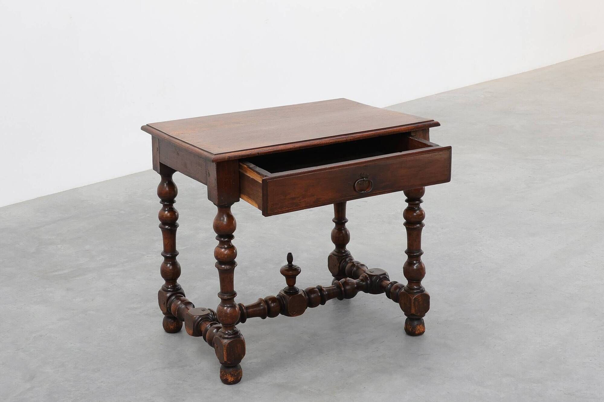 French Louis XIII Walnut Side Table with Drawer and Turned Legs, circa 1850