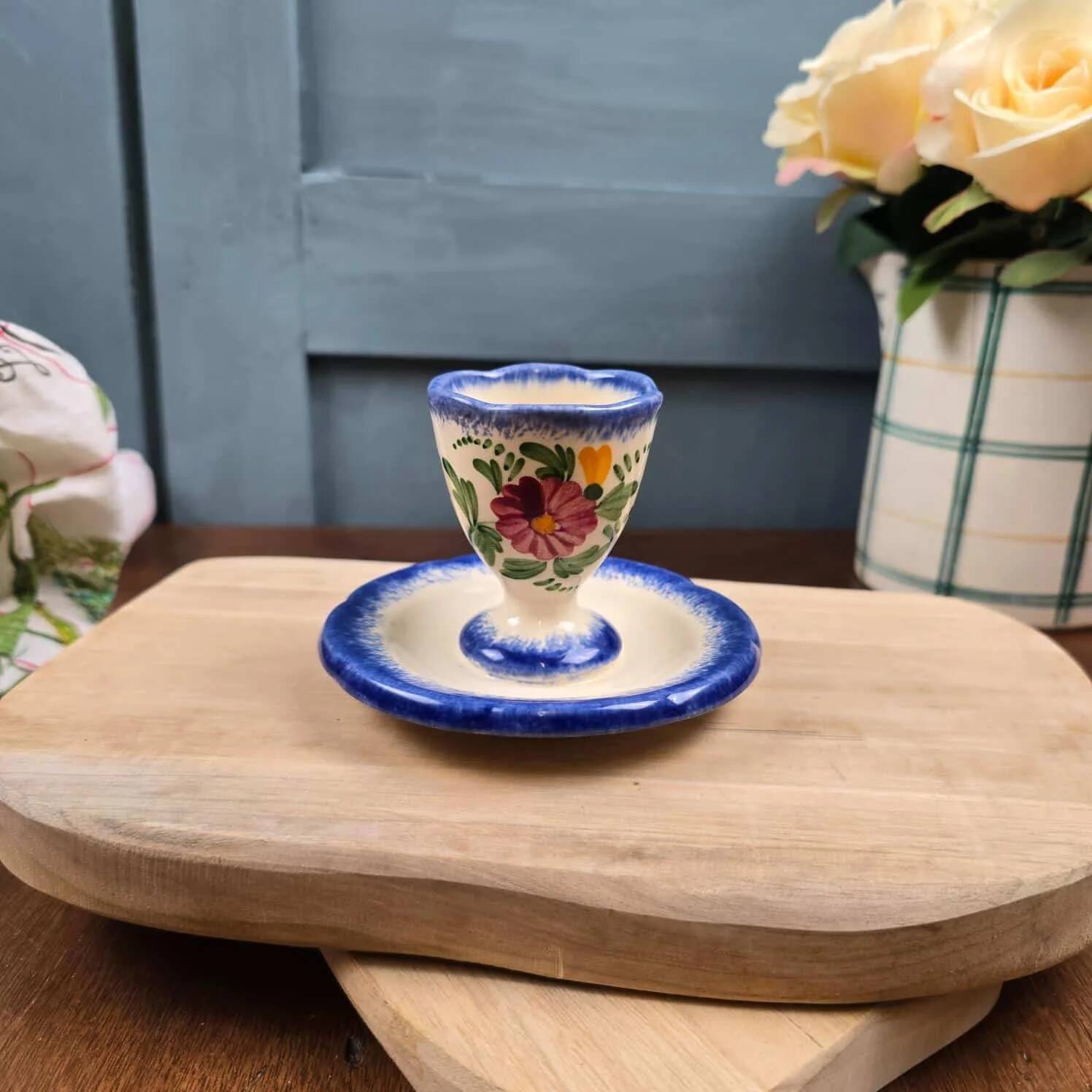Vintage egg cup with saucer – Handmade – Blue floral decoration