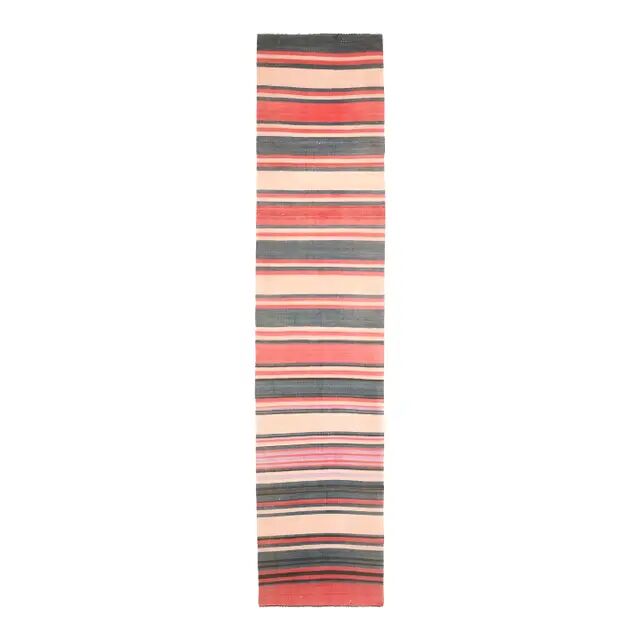 Tapis couloir turc Oushak fait main en laine et coton rouge des années 1970, 90x403.