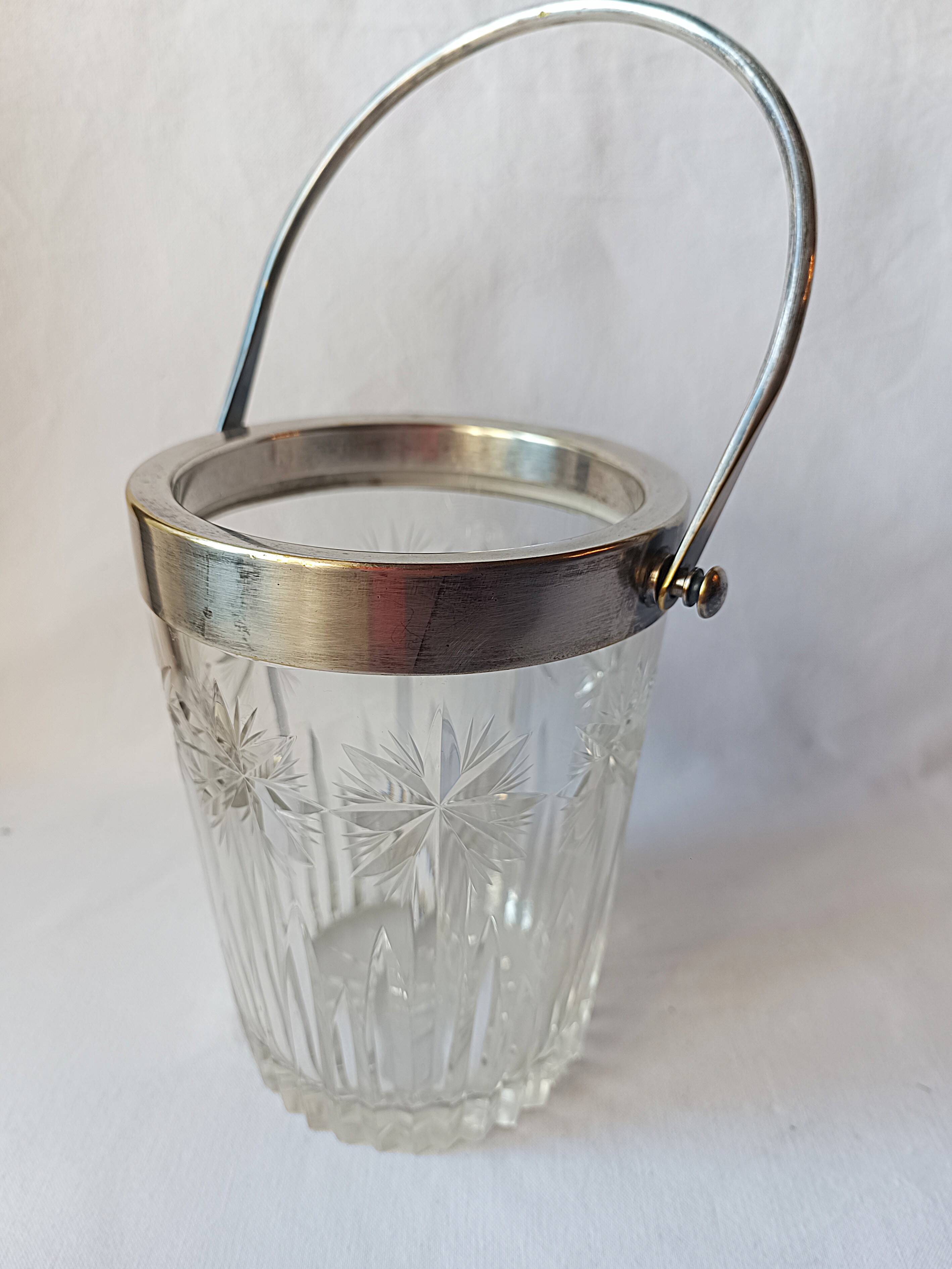 Cut crystal ice bucket, silver-plated metal, marked, cooler service.