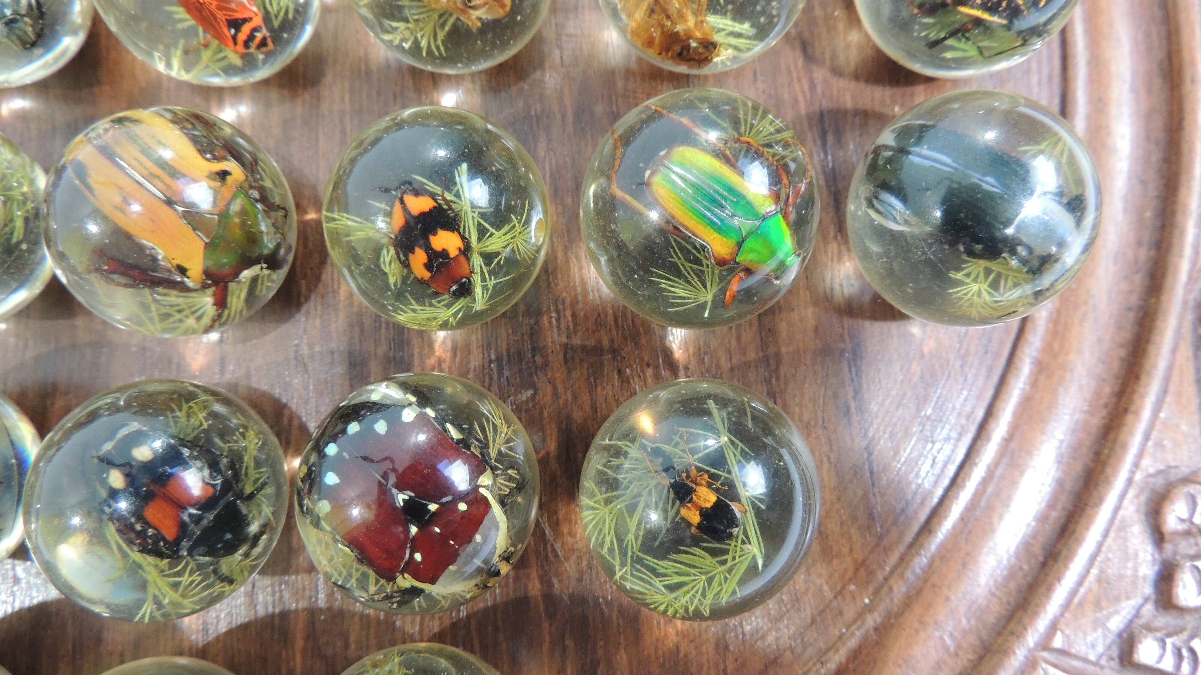 Vintage wooden carved solitaire game – Resin balls with insects –