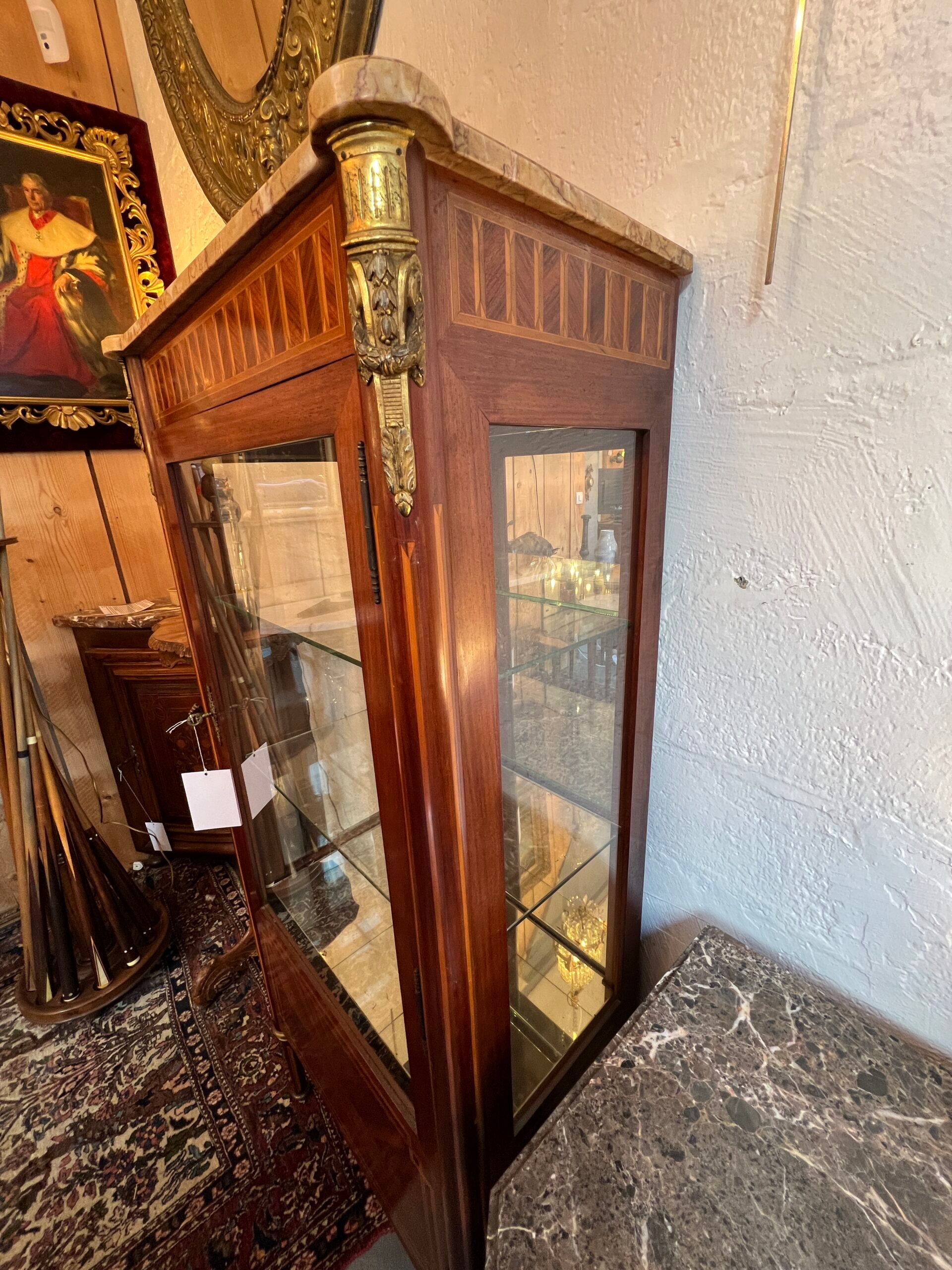 Louis XVI style display case in veneer marquetry, late 19th century