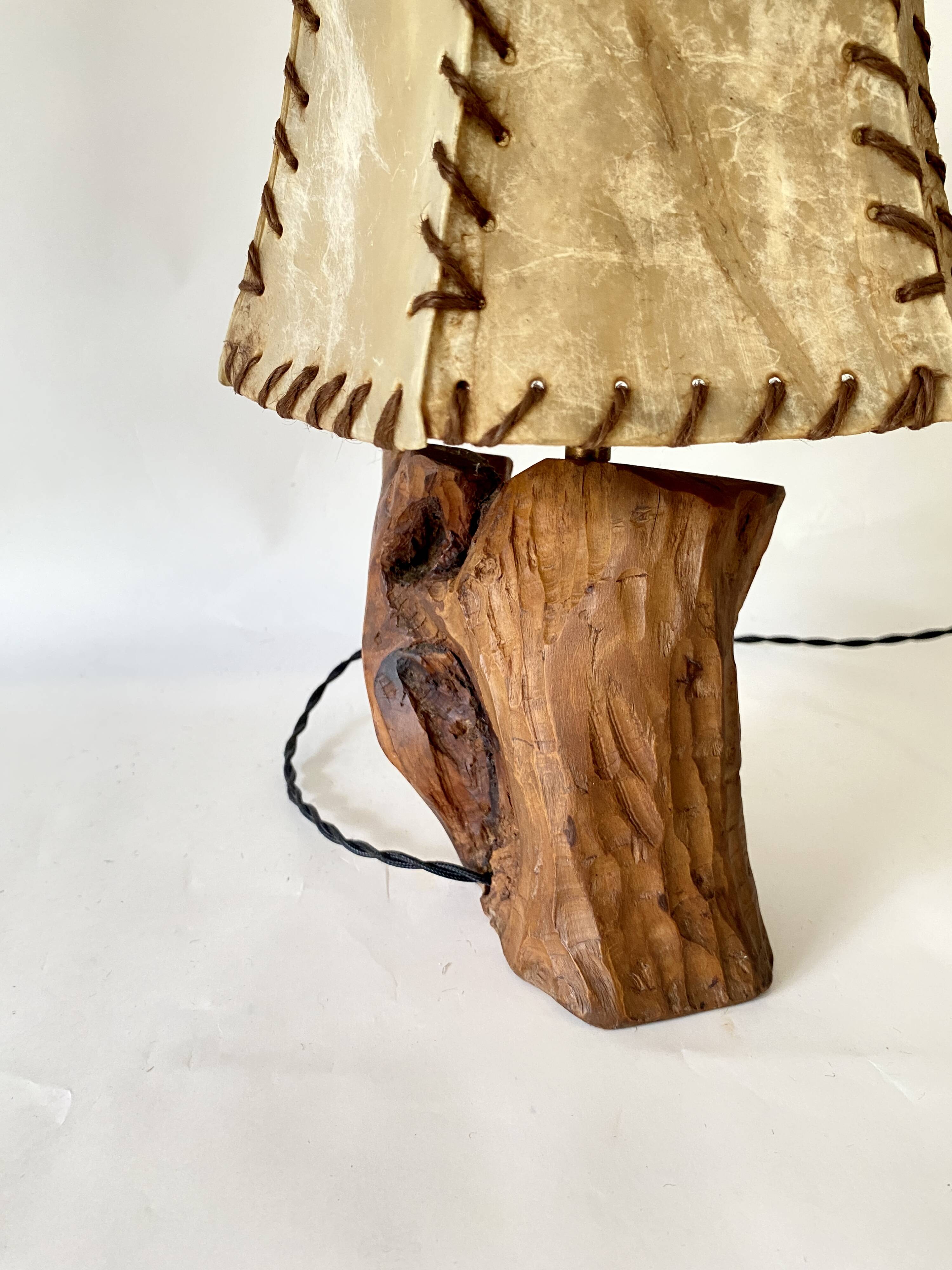 Wooden lamp, new fabric cable, cardboard lampshade