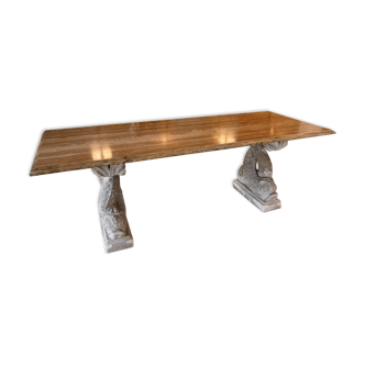 Table - Console ou Bureau -Plateau marbre - Pied pierre sculptée