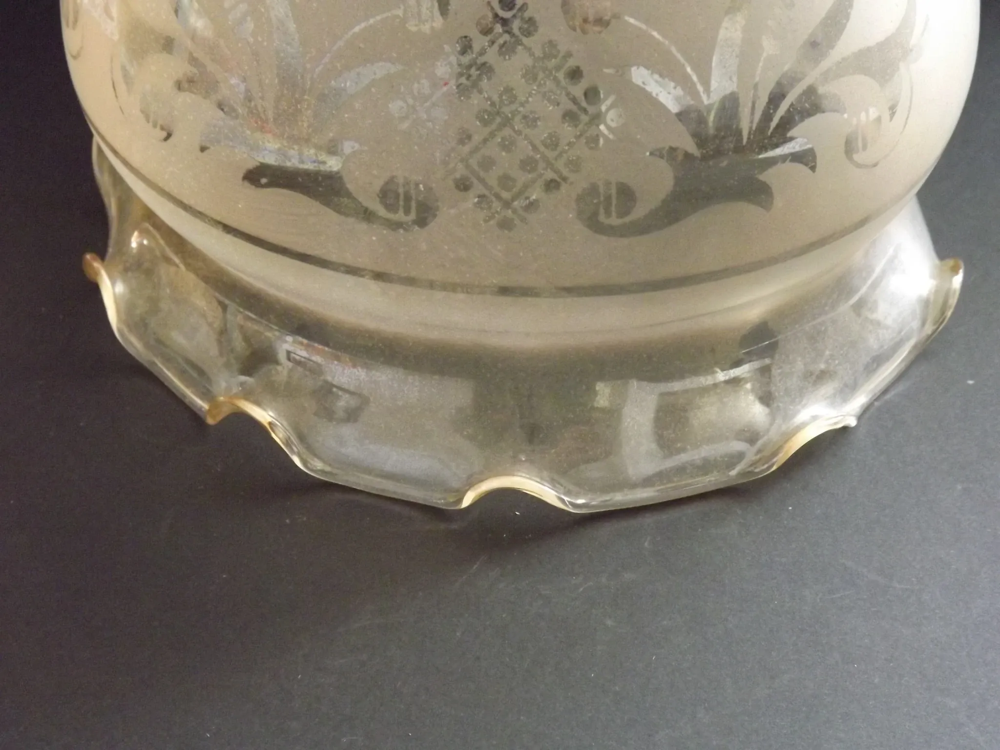 Set of 2 Vintage French Amber Patterned Glass Shades Frilled Edge